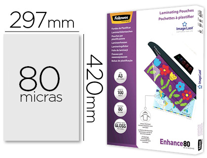 POCHETTE PLASTIFICATION FELLOWES  CHAUD POLYESTER TRANSPARENT RSISTANT EAU FORMAT A3 80 MICRONS BOTE 100 UNITS