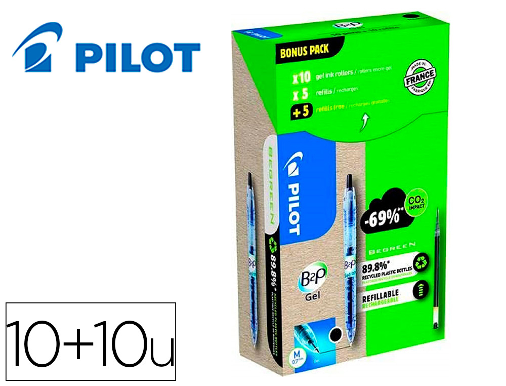 PACK PILOT BEGREEN B2P ECOBALL 10 STYLOS-BILLE POINTE MOYENNE + 10 RECHARGES NOIR