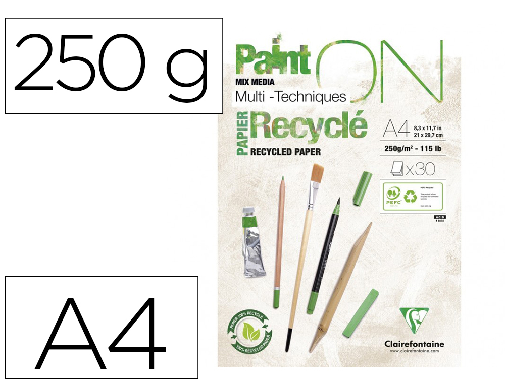 BLOC CLAIREFONTAINE PAINTON RECYCLE A4 30F BLANC 250G