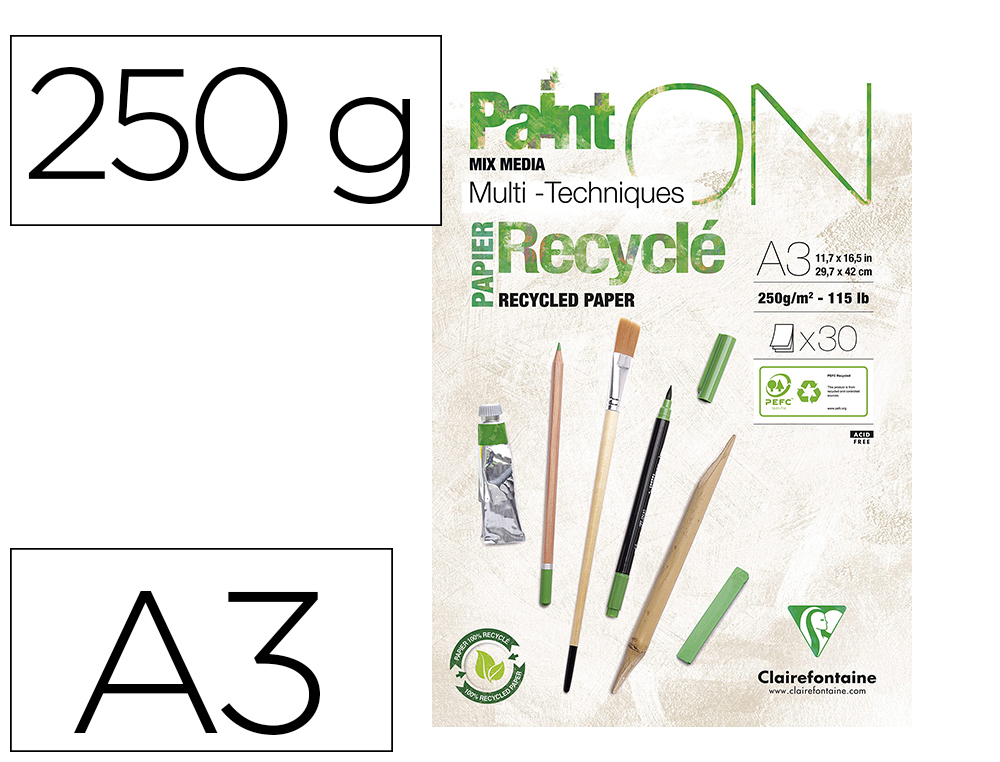 BLOC CLAIREFONTAINE PAINTON RECYCLE A3 30F BLANC 250G