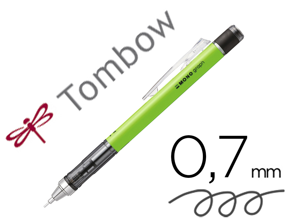 PORTE-MINES TOMBOW MONOGRAPH 0,7MM RECHARGEABLE GOMME      TELESCOPIQUE INTERCHANGEABLE  COLORIS CORPS VERT FLUO